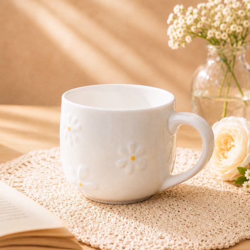 Tazza da caffè in ceramica con margherite in rilievo