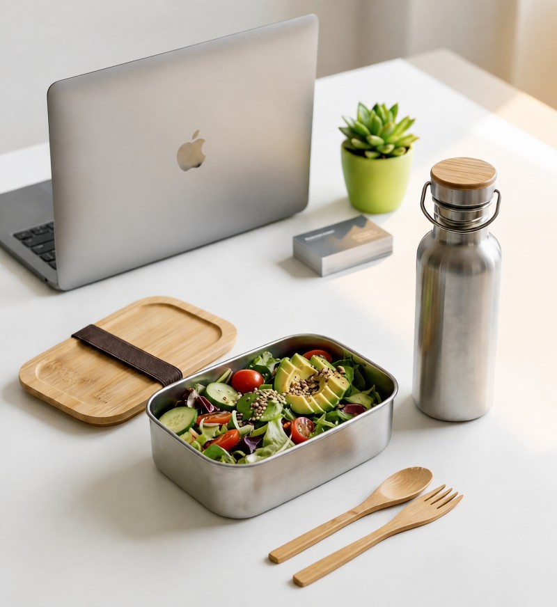 Set di contenitori per il pranzo con coperchio in bambù in acciaio inossidabile 304
