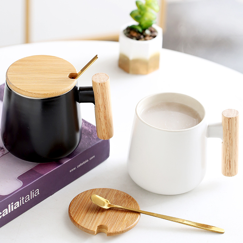 Tazza in ceramica opaca con manico in legno, coperchio, cucchiaio, regalo per la casa